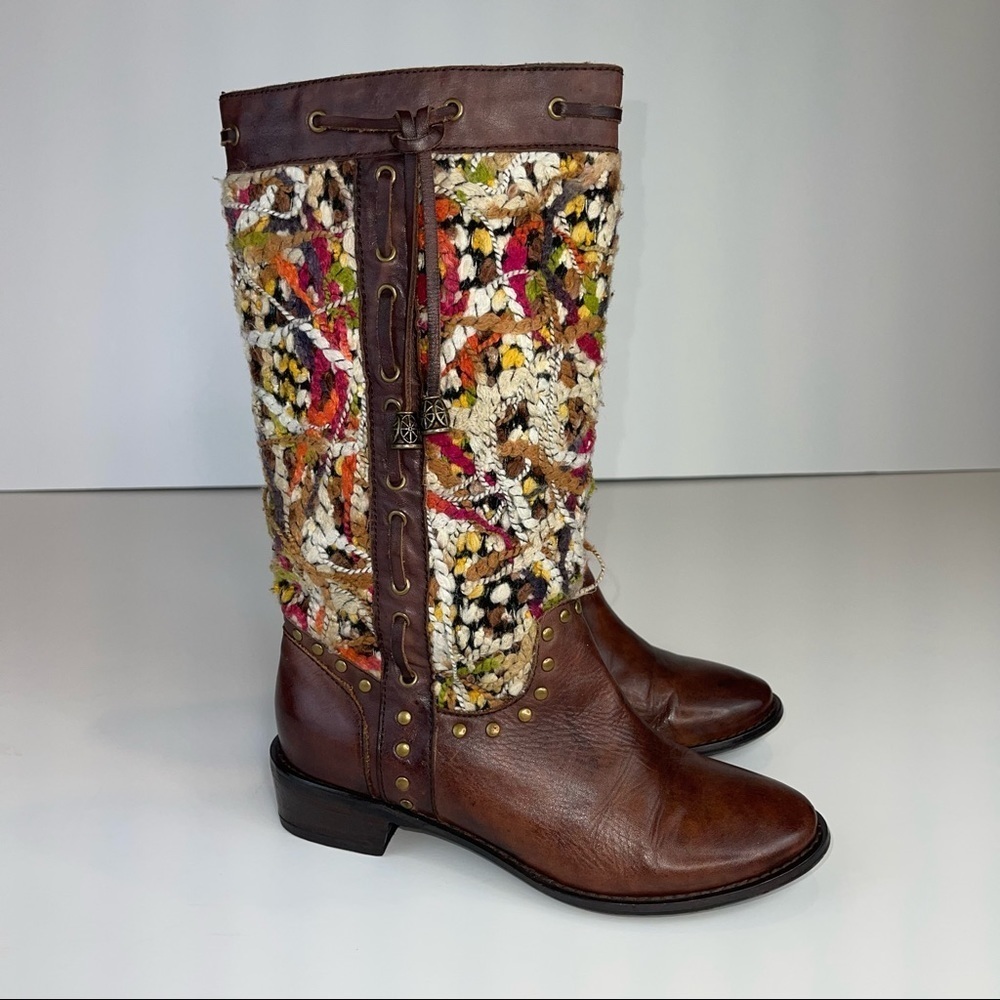 Spring Step Tapestry Woven Mid Calf Boho Western Boot Brown Leather - Picture 3 of 17